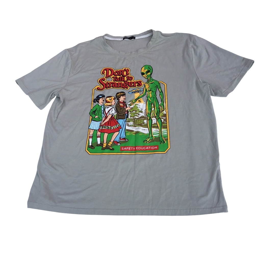 Romwe Dont Talk To Strangers Alien UFO Graphic Tee‎ Grey XL Cotton T-Shirt